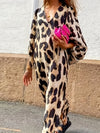 Leopard Print Lantern Sleeve Dress - Stylish V Neck Loose Fit - Women's Casual Clothing