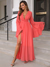 Bell Sleeve Plunge Split Maxi Dress - CURRENTLY