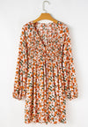 Smocked Printed V-Neck Long Sleeve Dress