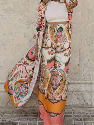 Two-piece Women's Ethnic Floral Print Cardigan and Wide Leg Pants Set - Stylish and Comfortable Outfit for Any Occasion