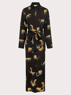 Leopard Print Button Front Dress - Elegant Long Sleeve Collar Dress for Women
