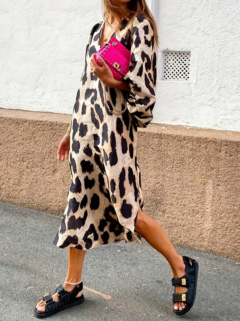 Leopard Print Lantern Sleeve Dress - Stylish V Neck Loose Fit - Women's Casual Clothing