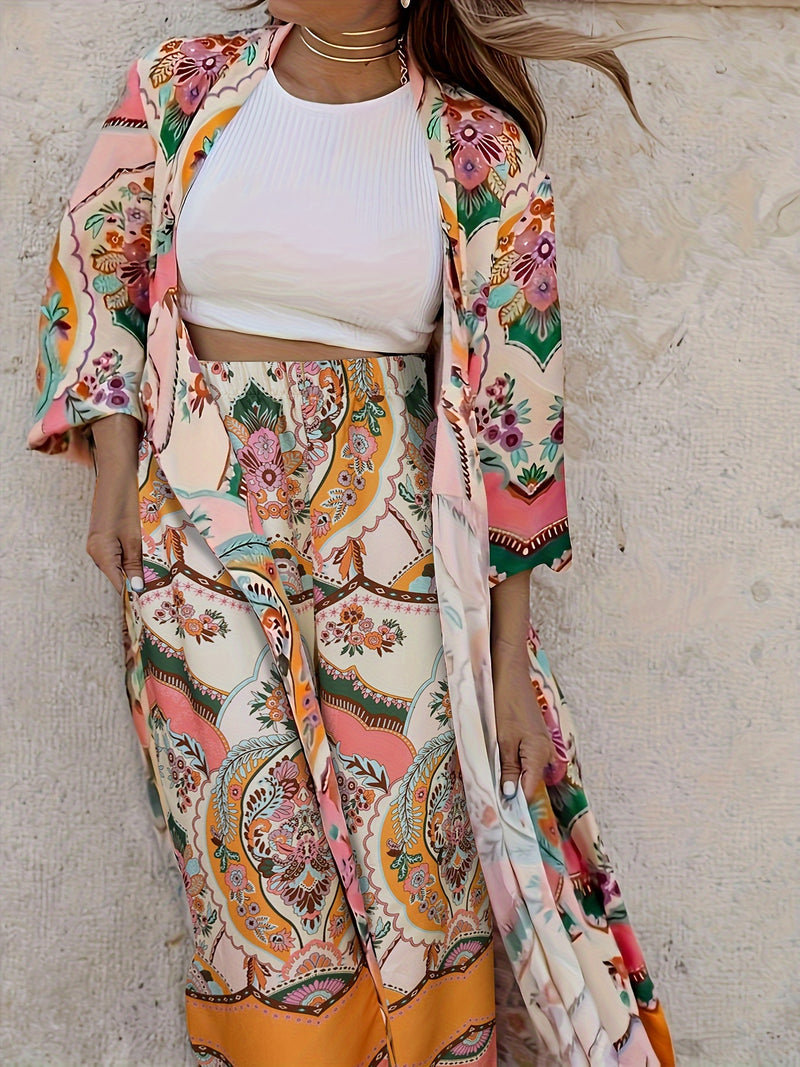 Two-piece Women's Ethnic Floral Print Cardigan and Wide Leg Pants Set - Stylish and Comfortable Outfit for Any Occasion