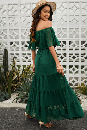 Swiss Dot Off-Shoulder Tiered Maxi Dress - CURRENTLY