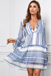 Printed Notched Neck Flare Sleeve Tiered Dress - CURRENTLY
