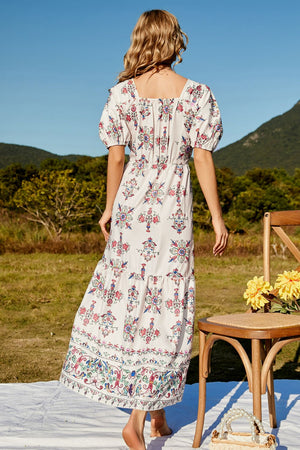 Floral Ruched Puff Sleeve Tiered Maxi Dress - CURRENTLY