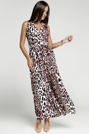 Leopard Print Open Back Split Sleeveless Dress - CURRENTLY