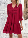 Ruched Notched Flounce Sleeve Dress