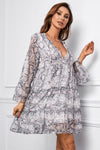 Printed Notched Neck Flare Sleeve Tiered Dress - CURRENTLY