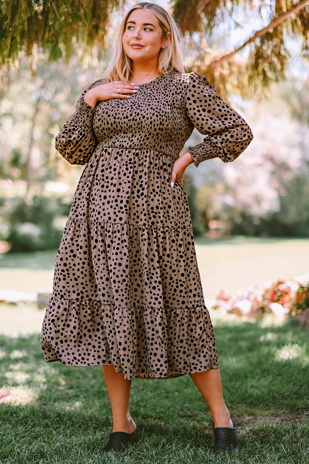 Plus Size Animal Print Smocked Tiered Dress - CURRENTLY