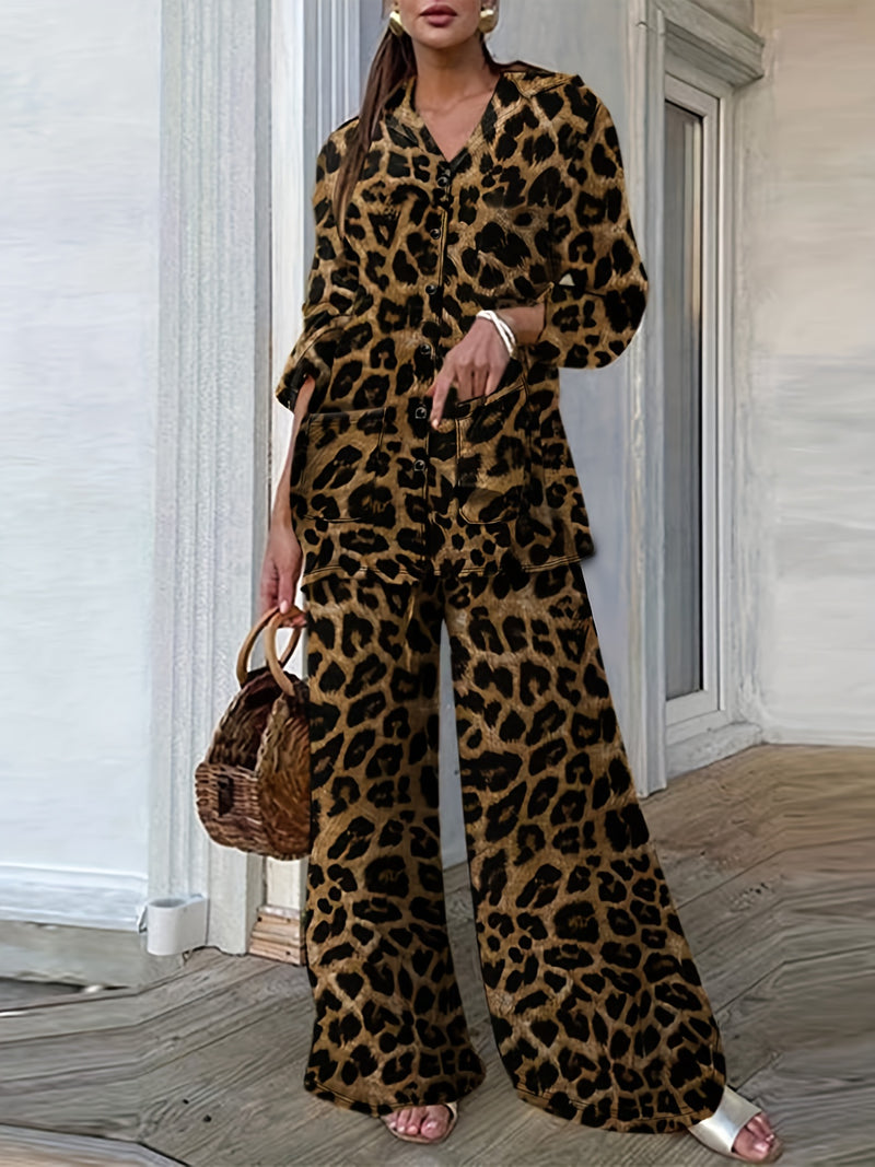 Two piece Women's Plus Size Leopard Print Casual Outfit Set - Long Sleeve Blouse & Wide Leg Pants